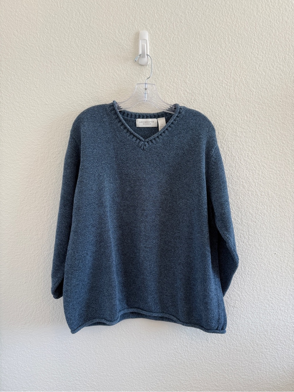 Liz Claiborne 100% Cotton Blue Knit V-Neck Sweater